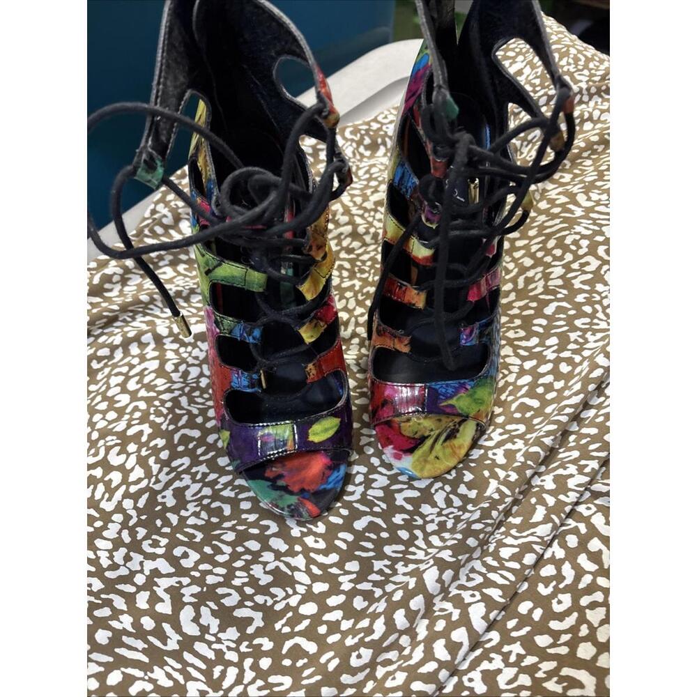 womens candie's bombay multi printed lace front heels booties size‎ 6